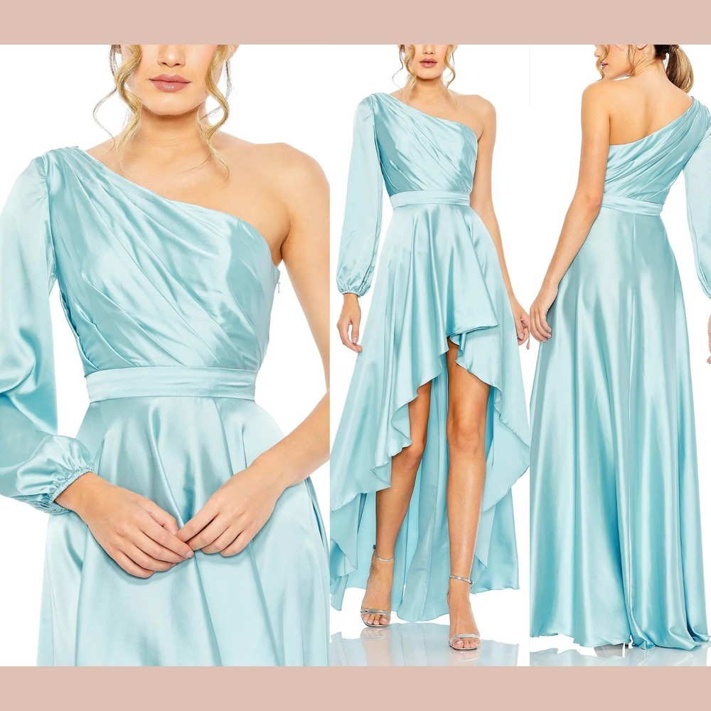 NWT IEENA Mac Duggal [‎ 10 ] 49141 One Shoulder Satin High Low Gown blue J2162